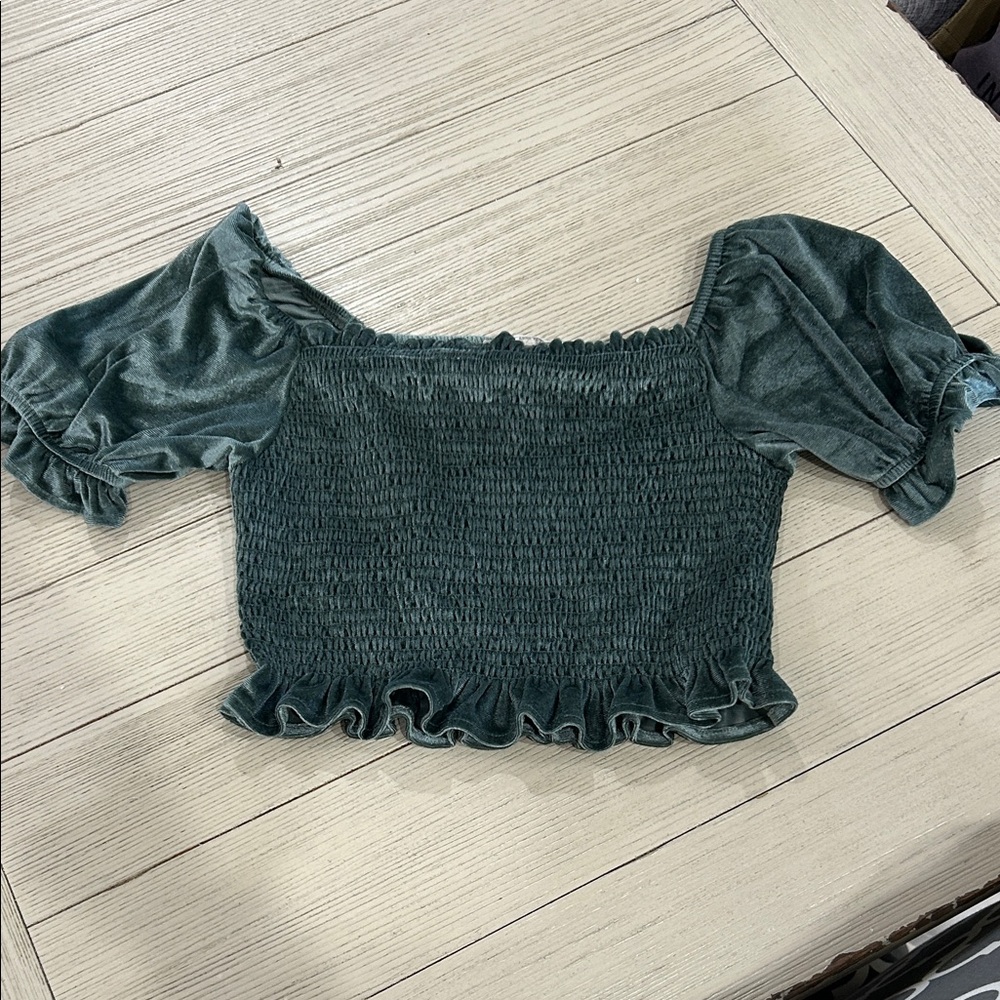 Rewind Teal Velvet Off-Shoulder Crop Top